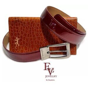 evgothicjewelry Long Embossed Brown Wallet and Burgundy Belt Special Leather Set